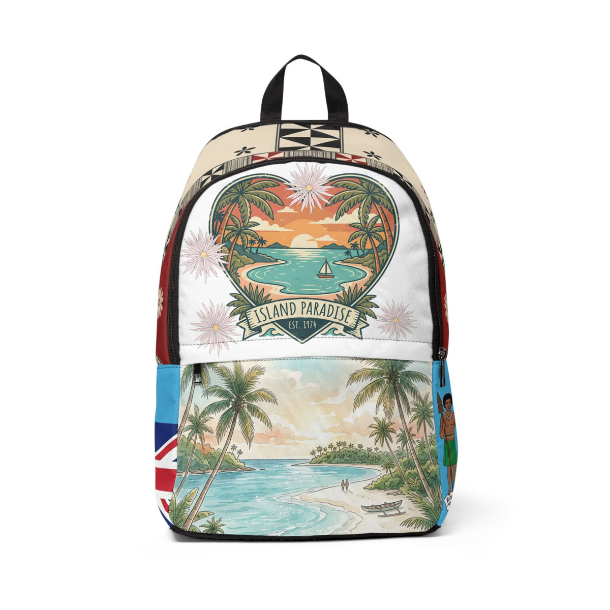 Island Paradise Backpack — Tropical Surf Sail Travel Bag with Union Jack Pocket